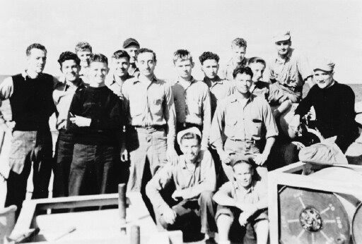 Radar Gang.<br>STANDING (L→R) S. Young, J. Reardon, G. Mullen, R. O’Neill, W. Wilthew, A. Rassmusen, P. Russo, D. Scott, [unknown], H. Goetz, N. Nault, W. Biers, F. Russo, P. Ingalls.<br>FRONT (L→R) P. Penta, R. Stogentin.