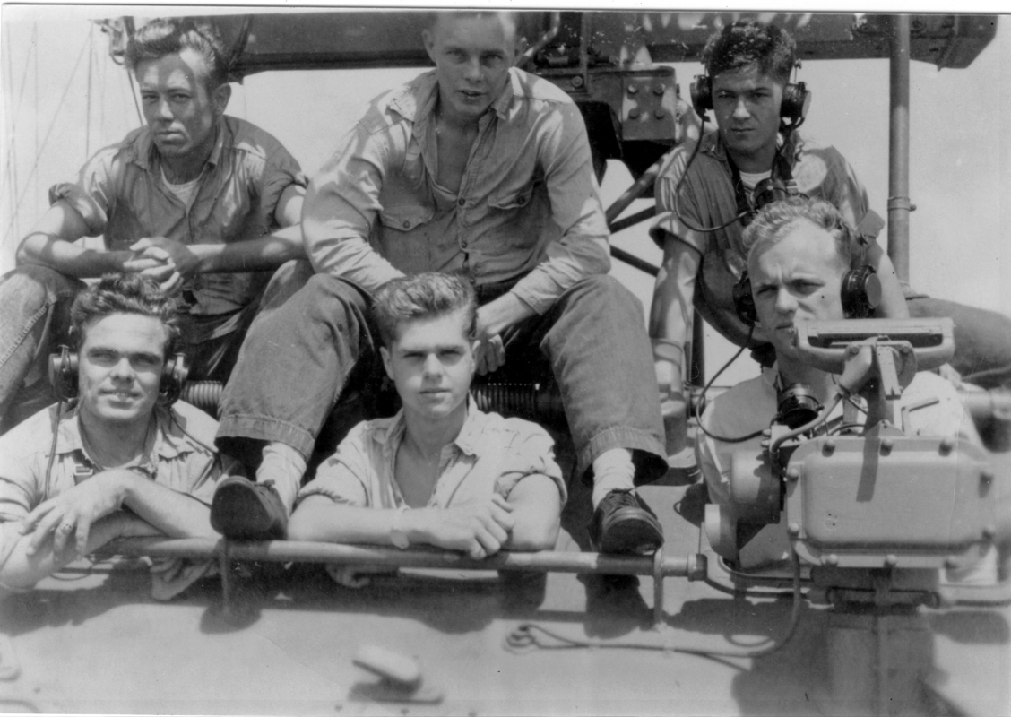 Main Battery Director Crew.<br>BACK ROW (L→R) [unknown], H. Klonts, J. Reardon.<br>FRONT ROW (L→R) W. Bates, H. Nickerson, W. ALexander.