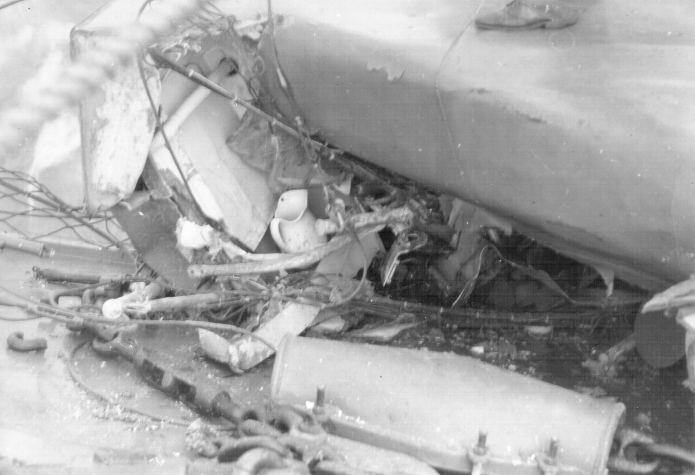 Aircraft carrier  Cowpens  collision.<br>Bow, looking down into CPO quarters, 18OCT1943.