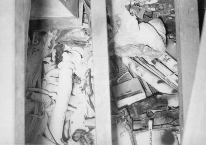 Aircraft carrier  Cowpens  collision.<br>Bow, inside showing shoring, 18OCT1943.