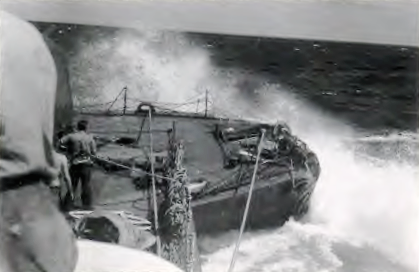 Aircraft carrier  Cowpens  collision.<br>Heavy seas en route to Pearl Harbor, 18OCT1943.
