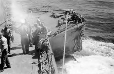 Aircraft carrier  Cowpens  collision.<br>Bent bow, 18OCT1943.