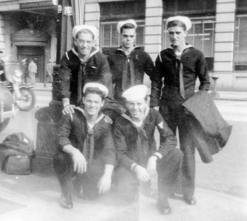 Heading home on leave, taken in Chicago.<br>BACK ROW (L→R) C. Angevine, W. Allinger, F. Pettegrow.<br>FRONT ROW (L→R) J. Virgillio, R. Curran.